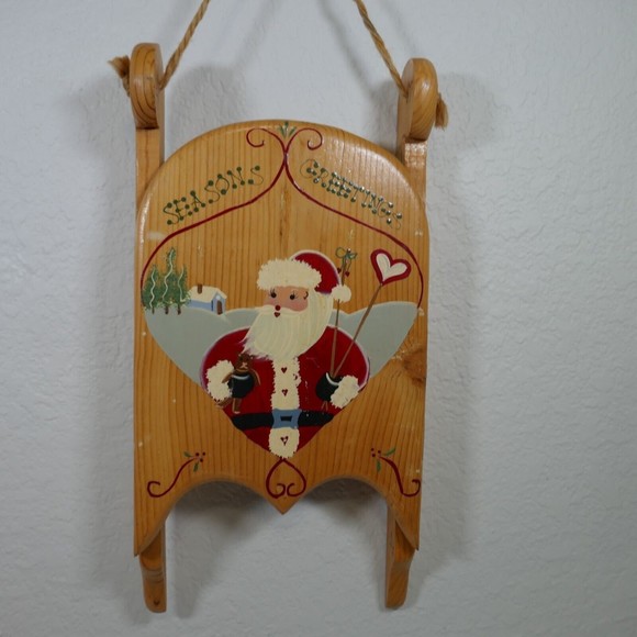 Santa Hand Painted Wooden Sled 18" Season Greetings Signed 1995 Mexico Vintage - Picture 2 of 15